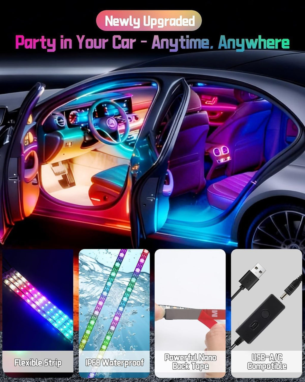 Premium Car Interior LED Strips — RGB App + Music Sync (Multi-Variant)