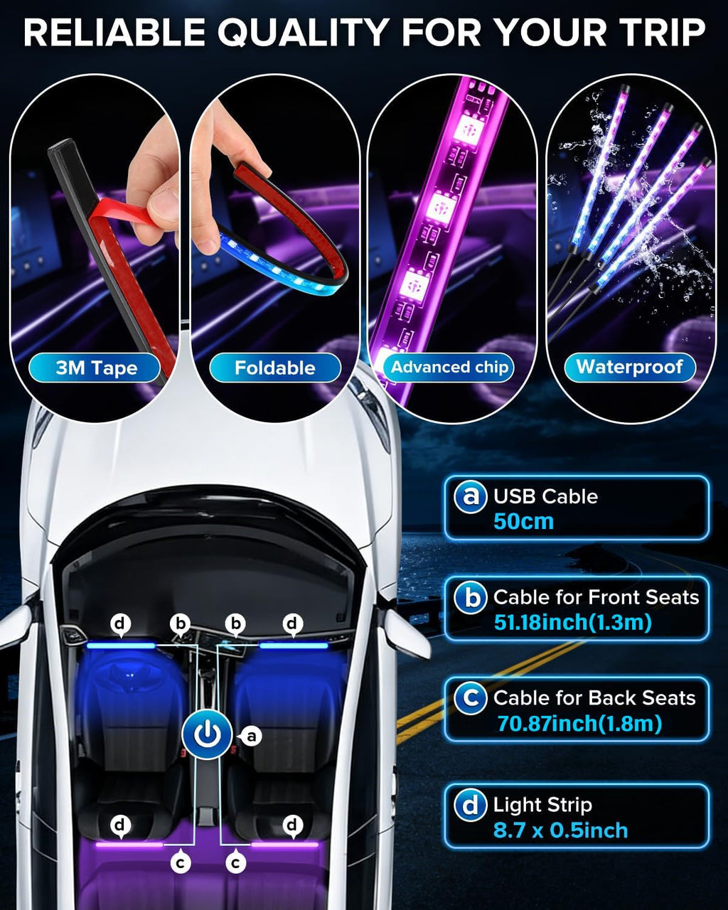 Premium Car Interior LED Strips — RGB App + Music Sync (Multi-Variant)