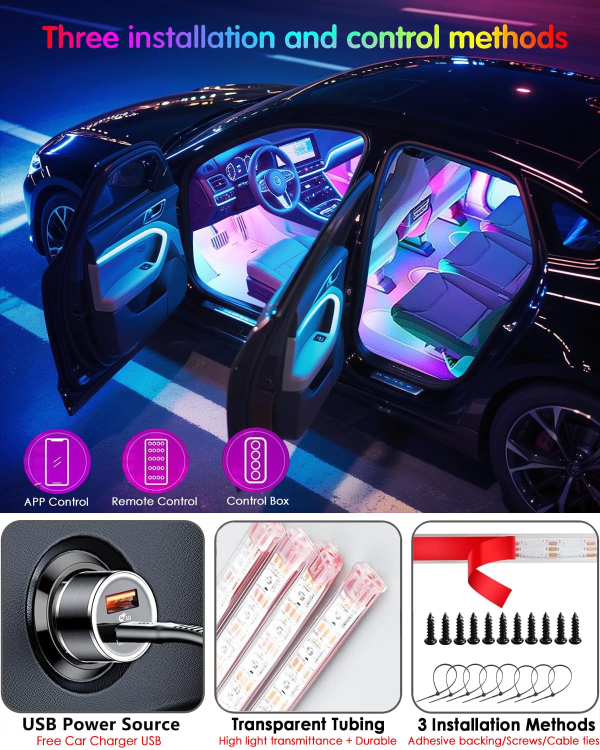 Premium Car Interior LED Strips — RGB App + Music Sync (Multi-Variant)