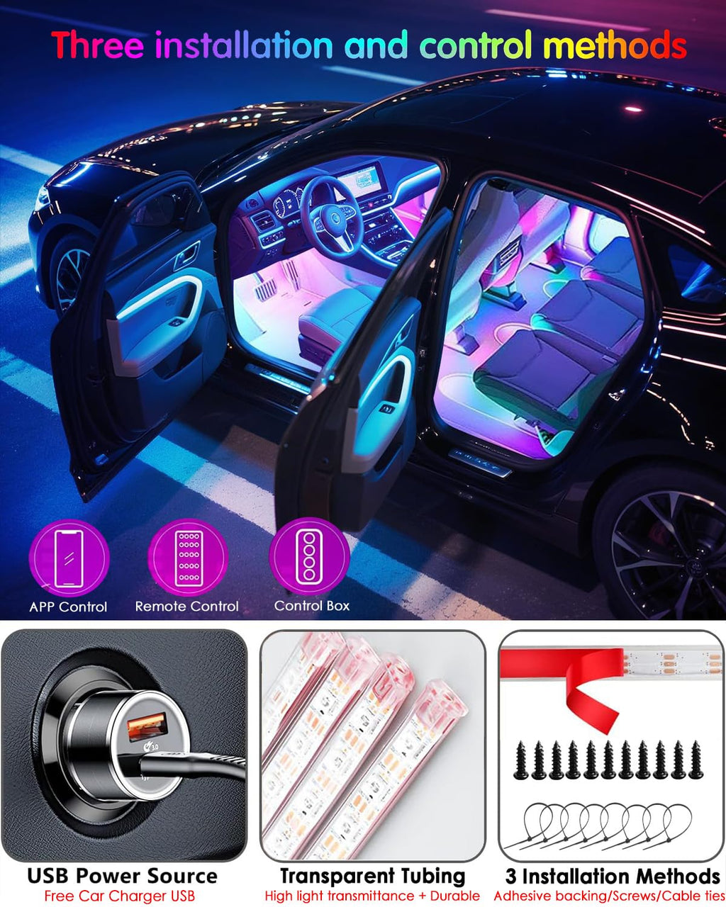 Premium Car Interior LED Strips — RGB App + Music Sync (Multi-Variant)