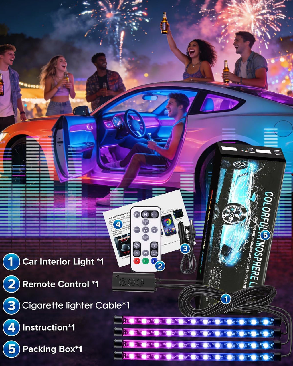 Premium Car Interior LED Strips — RGB App + Music Sync (Multi-Variant)